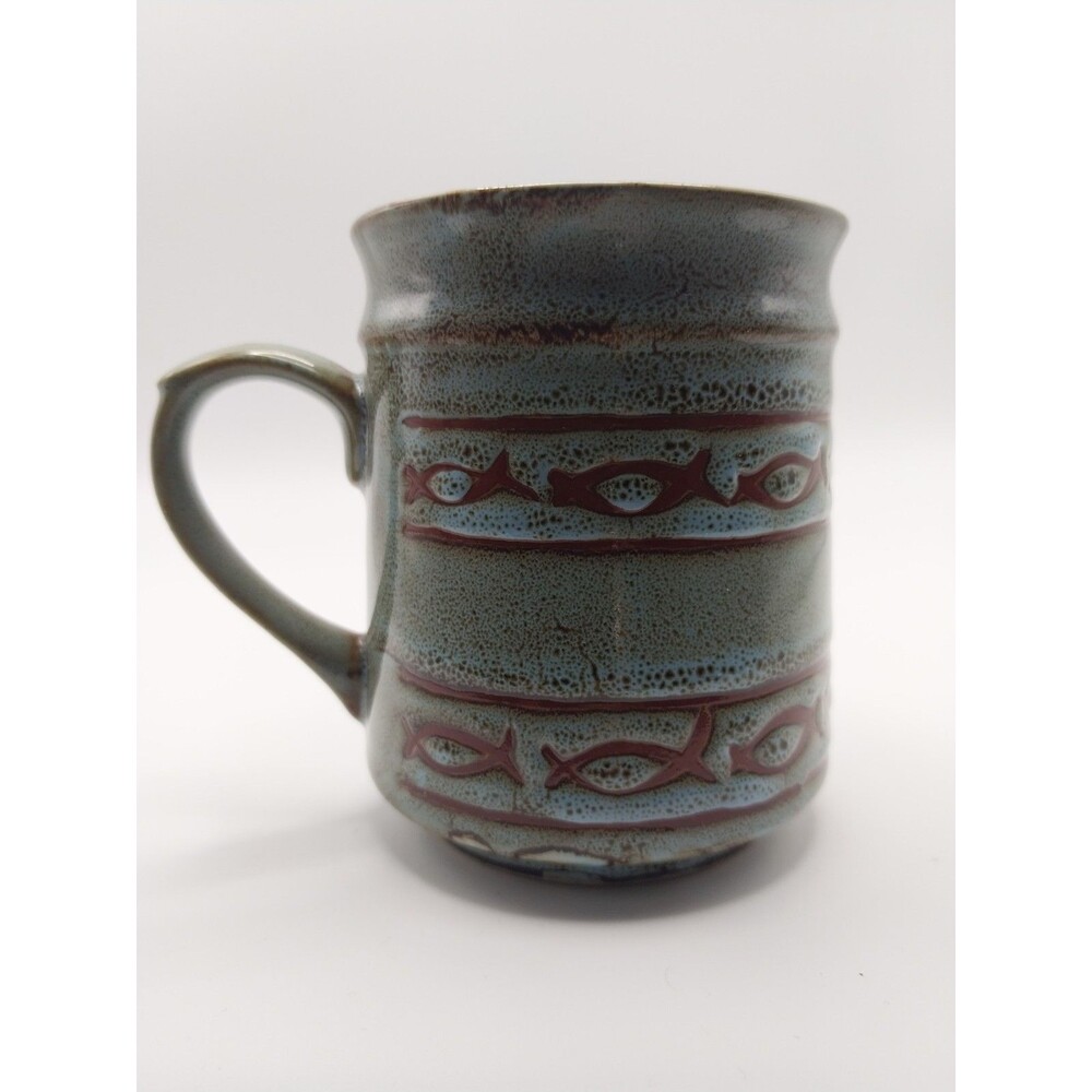 Vintage 1970s Japanese Artisan Stoneware Pottery Mug Etched Fish Glazed NEW